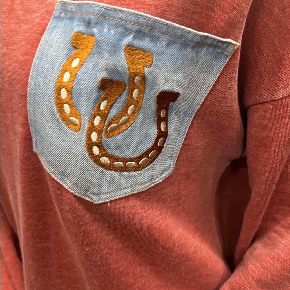 Turquoise Haven Red Sweatshirt Denim Pocket Horseshoes